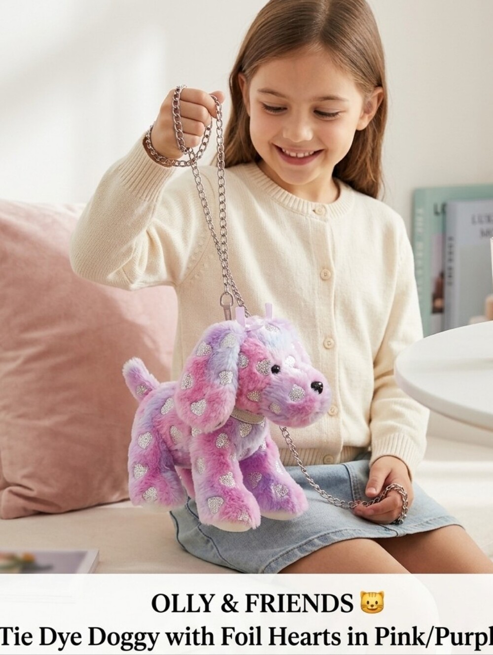 😺OLLY & FRIENDS Tie Dye Doggy with Foil Hearts in Pink/Purple BAG ON CHAIN